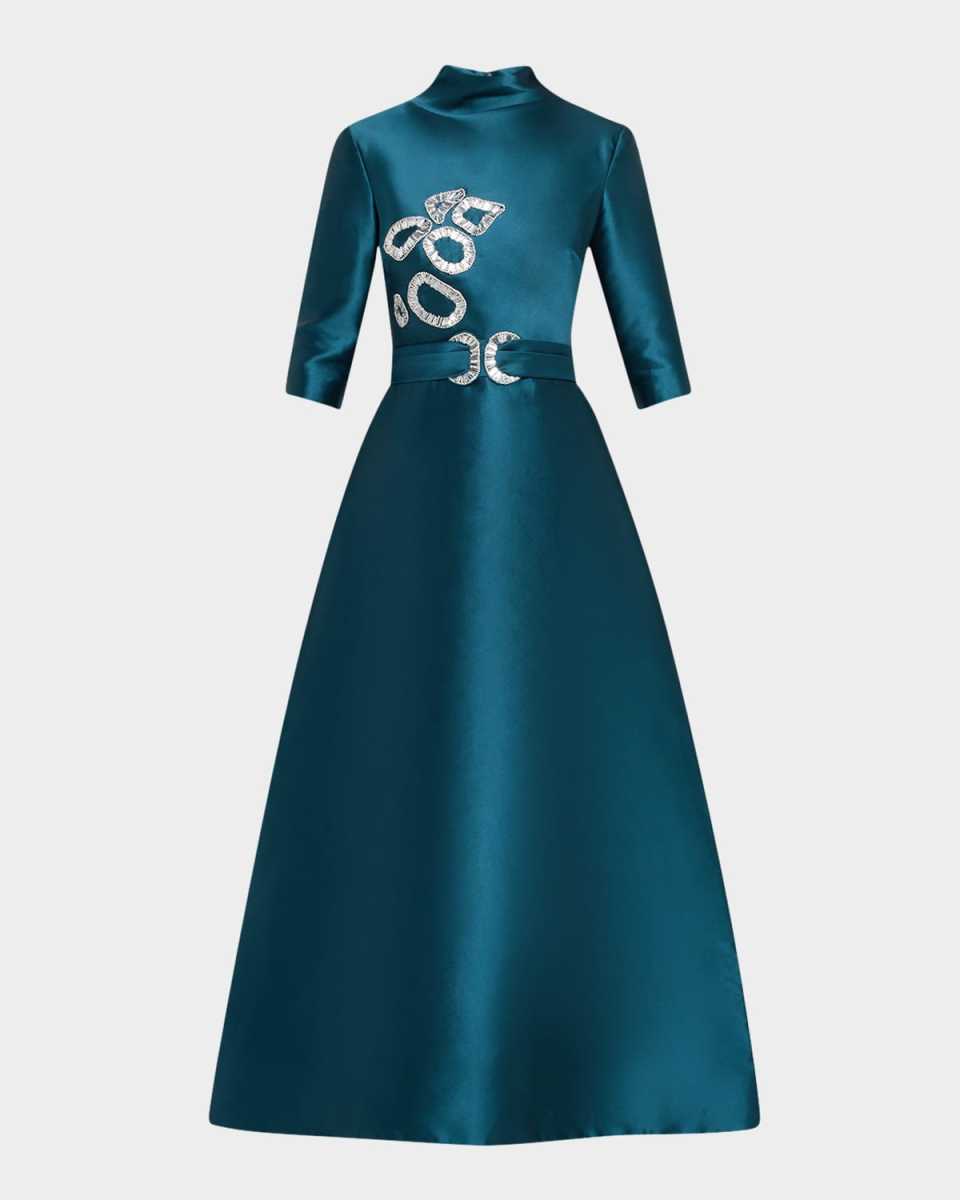 Crystal Mikado Silk 3/4-Sleeve Gown